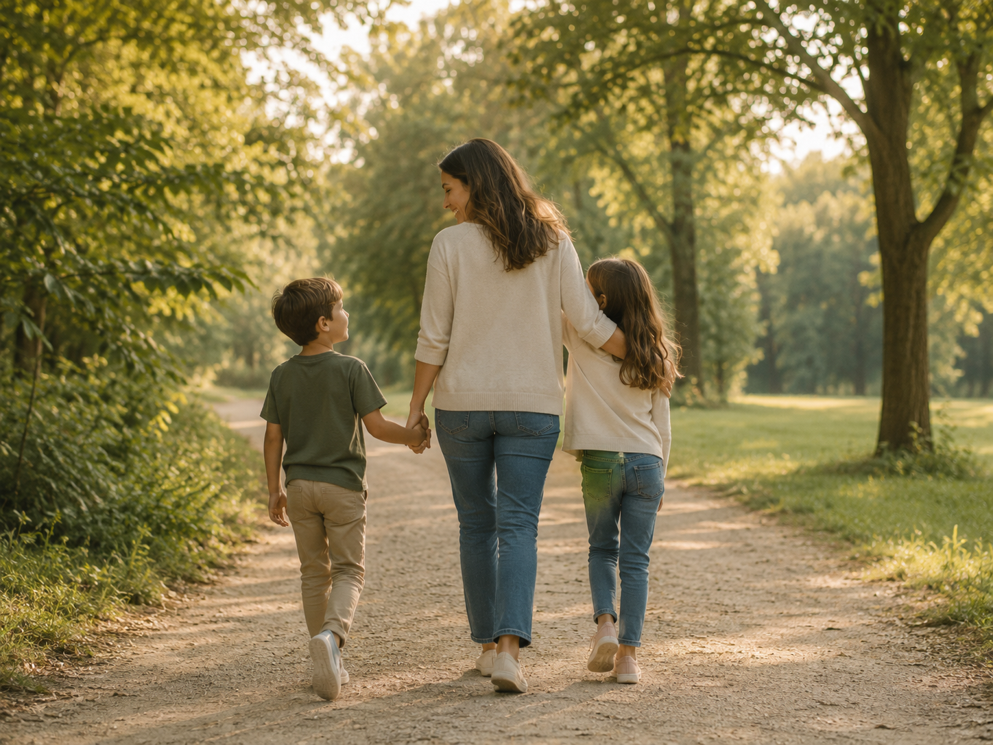 Mãe caminhando de mãos dadas com filho e filha em estrada de terra ao entardecer