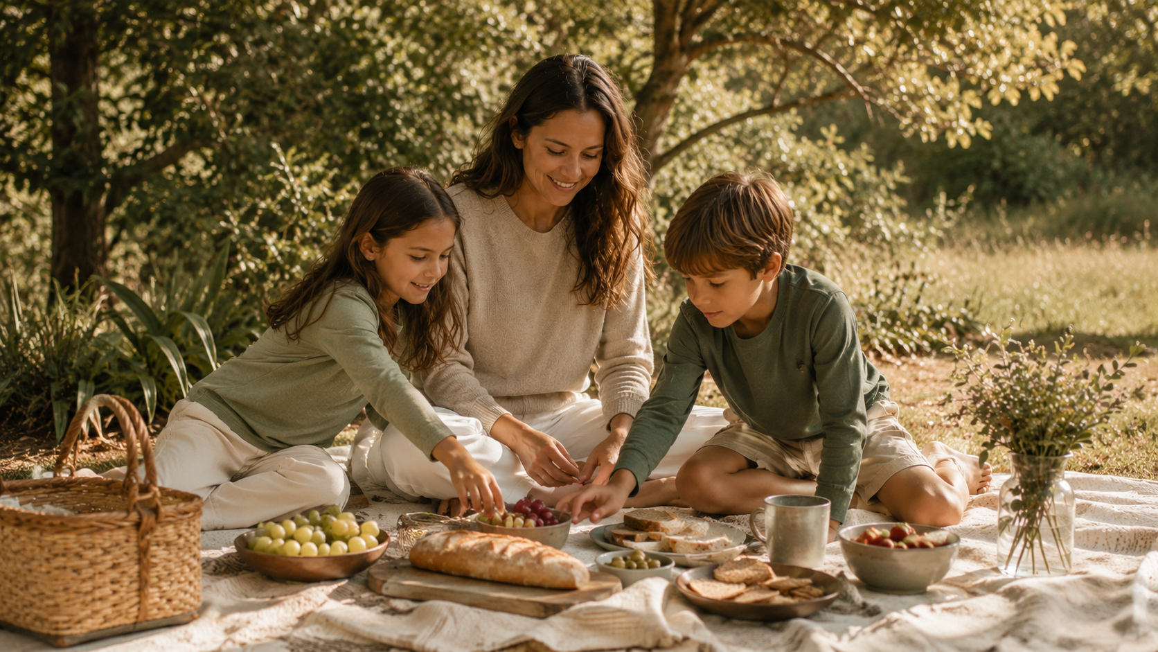 Família fazendo piquenique ao ar livre com pães, frutas e cesta